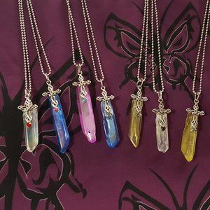 rainbow quartz crystal sword pendant necklace